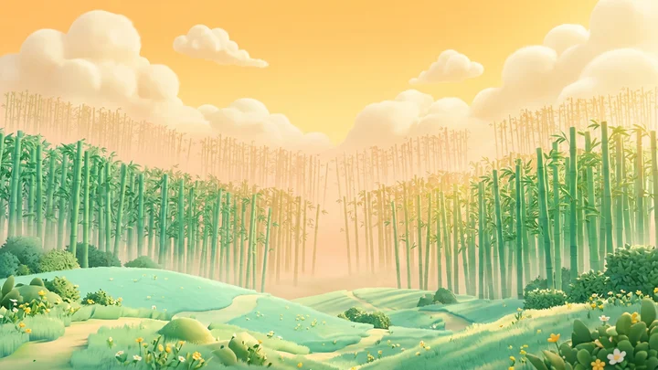 Golden skies above a peaceful bamboo landscape.